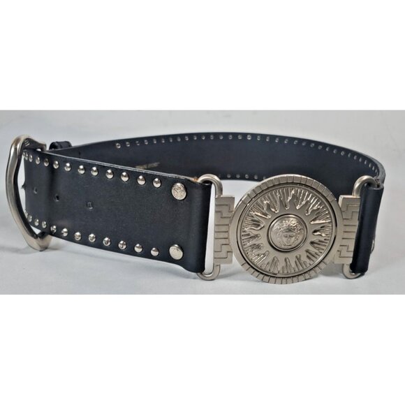 GIANNI VERSACE Accessories - Vintage 90s GIANNI VERSACE Medusa Studs Silver Buckle Black Leather Belt Size 40